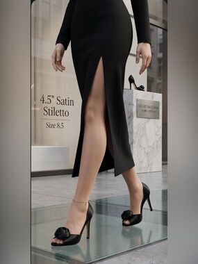 Stuart Weitzman Satin Black Heels with Floral Embellishment Size 8.5